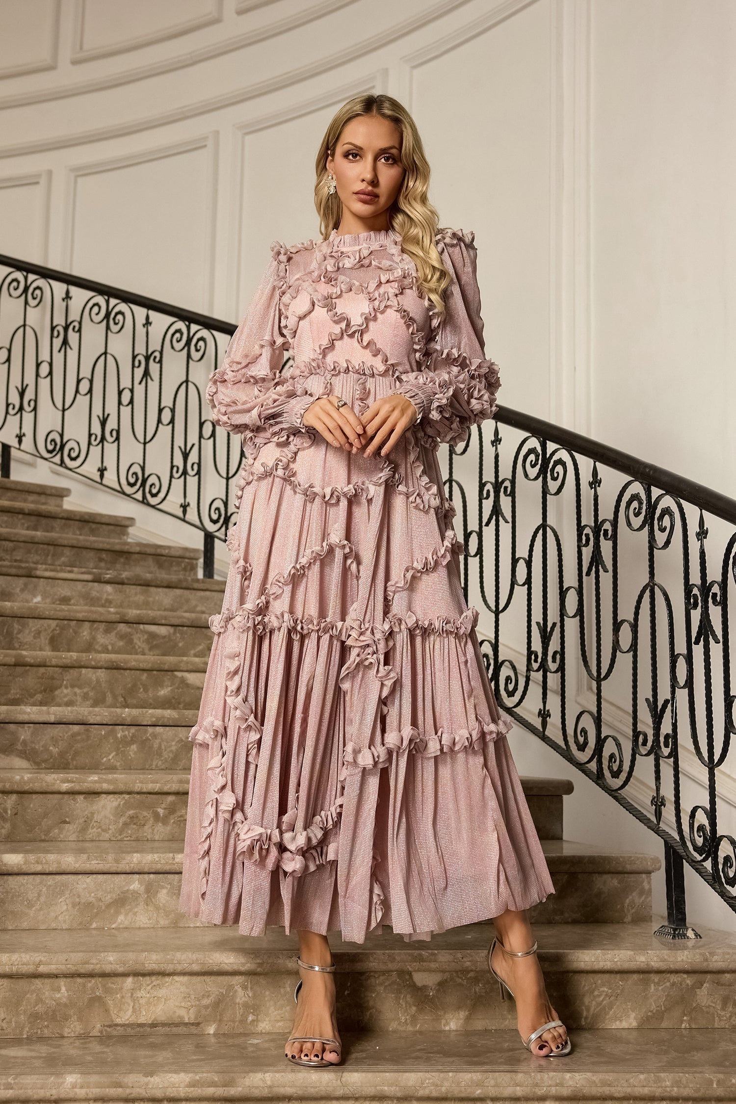 Macie Pembe Uzun Kollu Maksi Elbise