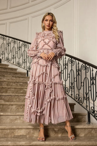 Macie Pembe Uzun Kollu Maksi Elbise