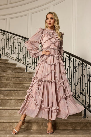 Macie Pembe Uzun Kollu Maksi Elbise