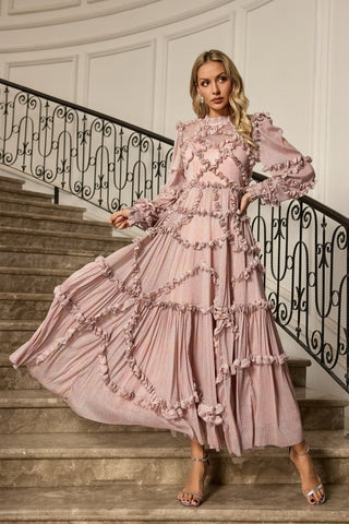 Macie Pembe Uzun Kollu Maksi Elbise