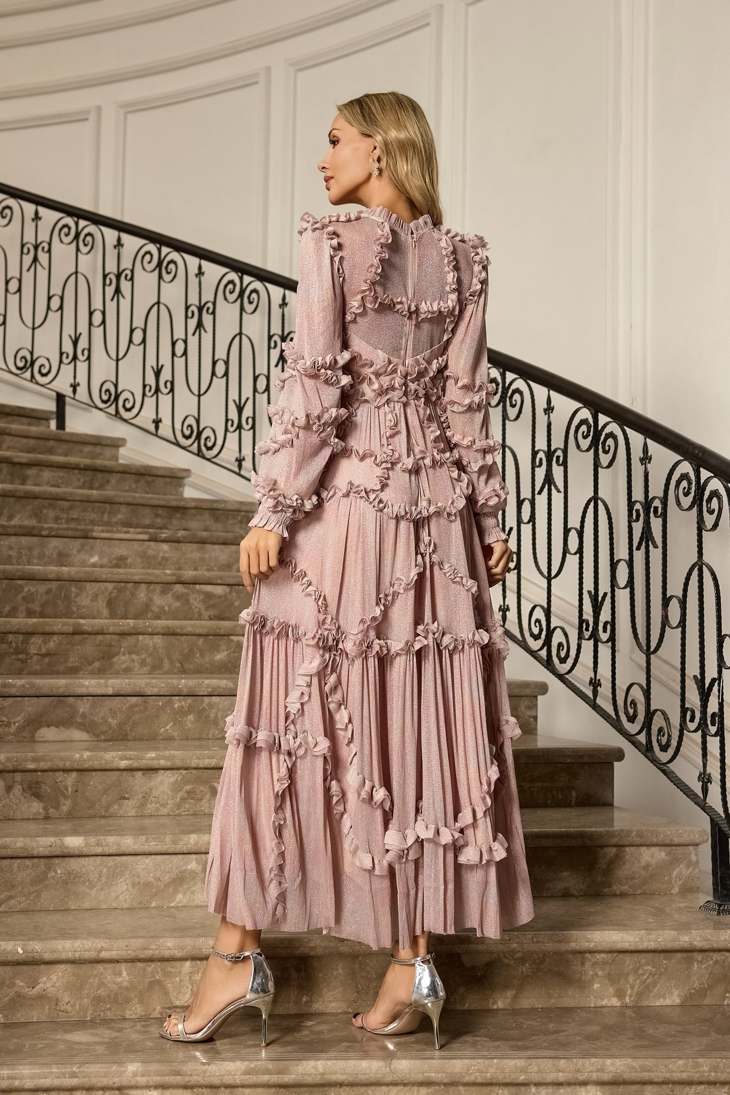 Macie Pembe Uzun Kollu Maksi Elbise