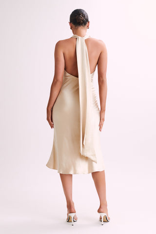 Terri Saten Kukuletalı Midi Elbise - Altın