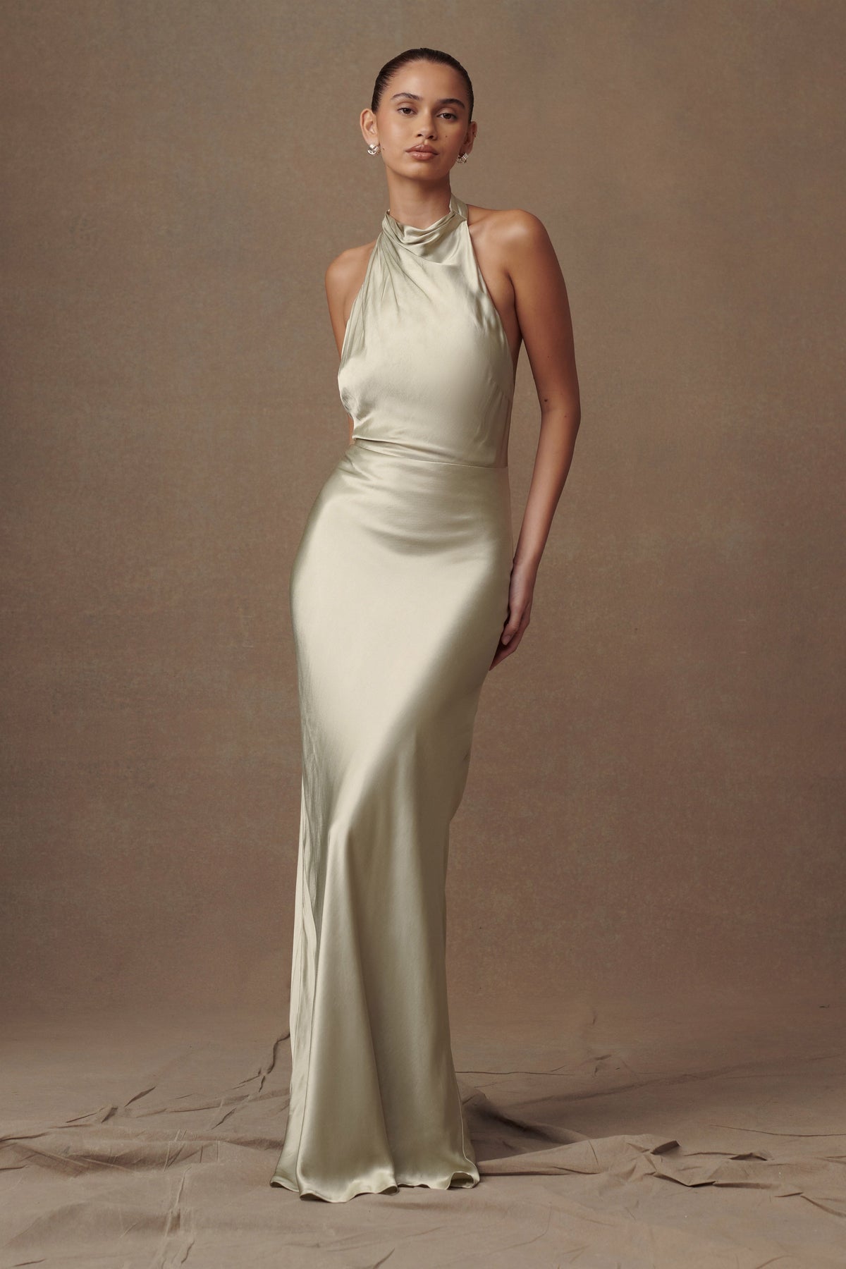 Esther Yanardöner Saten Cowl Maxi Elbise - Adaçayı