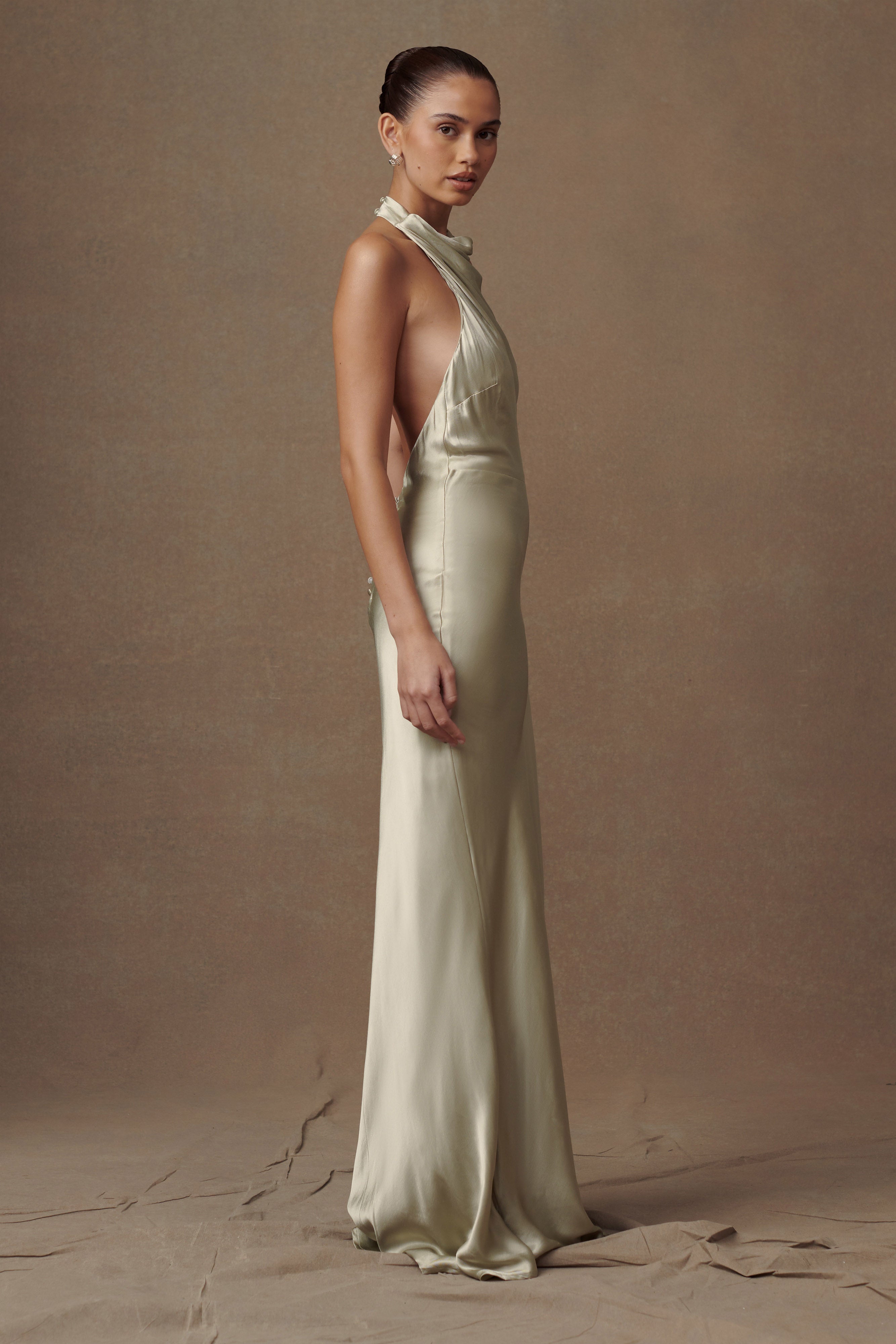 Esther Yanardöner Saten Cowl Maxi Elbise - Adaçayı