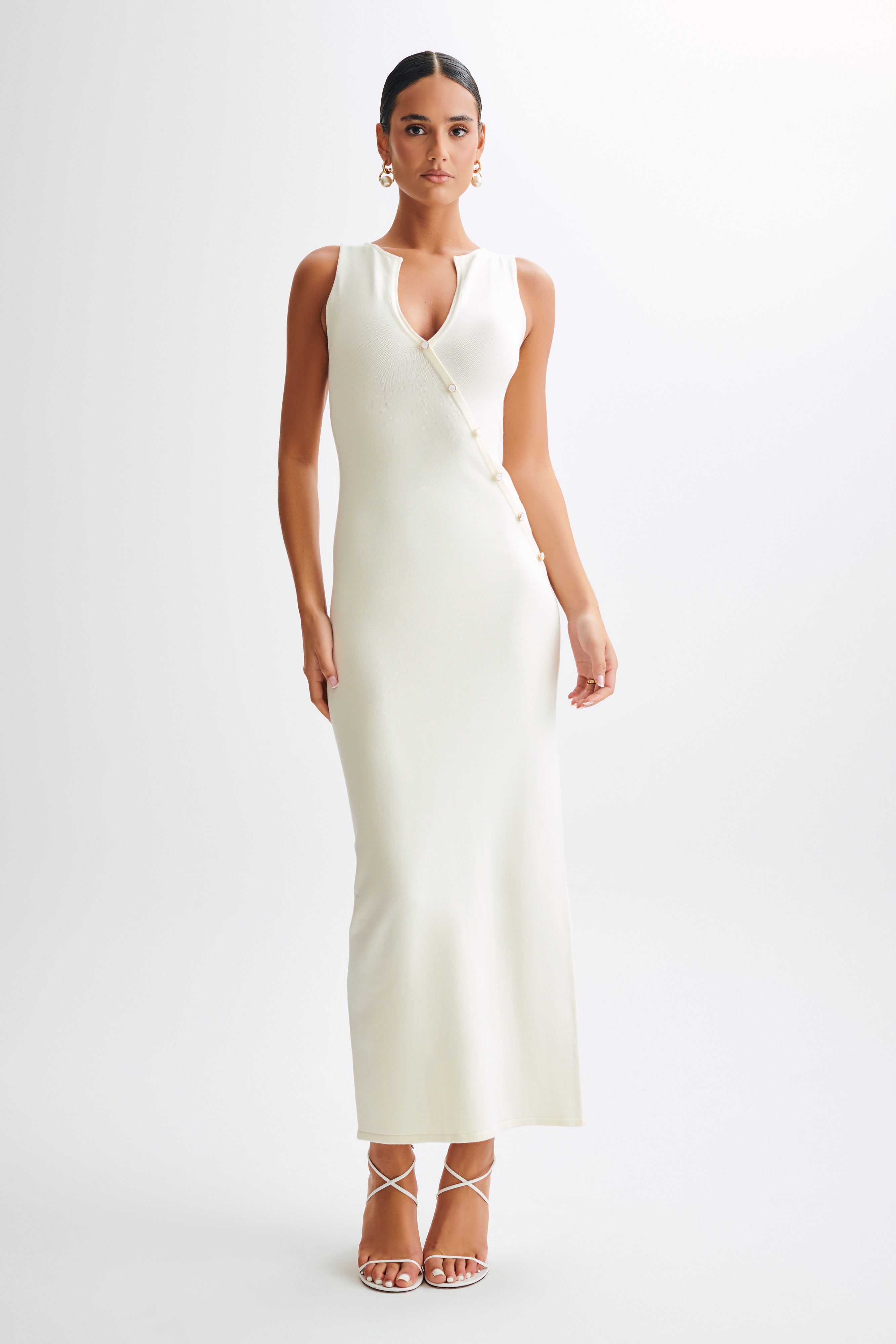 Marina Kolsuz Düğmeli Triko Midi Elbise - Fildişi