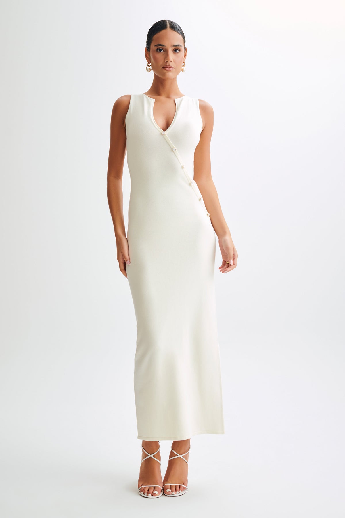 Marina Kolsuz Düğmeli Triko Midi Elbise - Fildişi