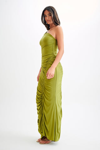 Kapri Büzgülü Dar Maxi Elbise - Vintage Zeytin