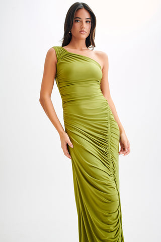 Kapri Büzgülü Dar Maxi Elbise - Vintage Zeytin