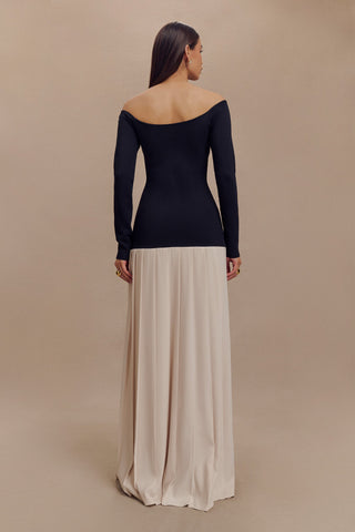 Presley Kontrast Örme Düşük Omuz Uzun Elbise - Lacivert Ve Krem