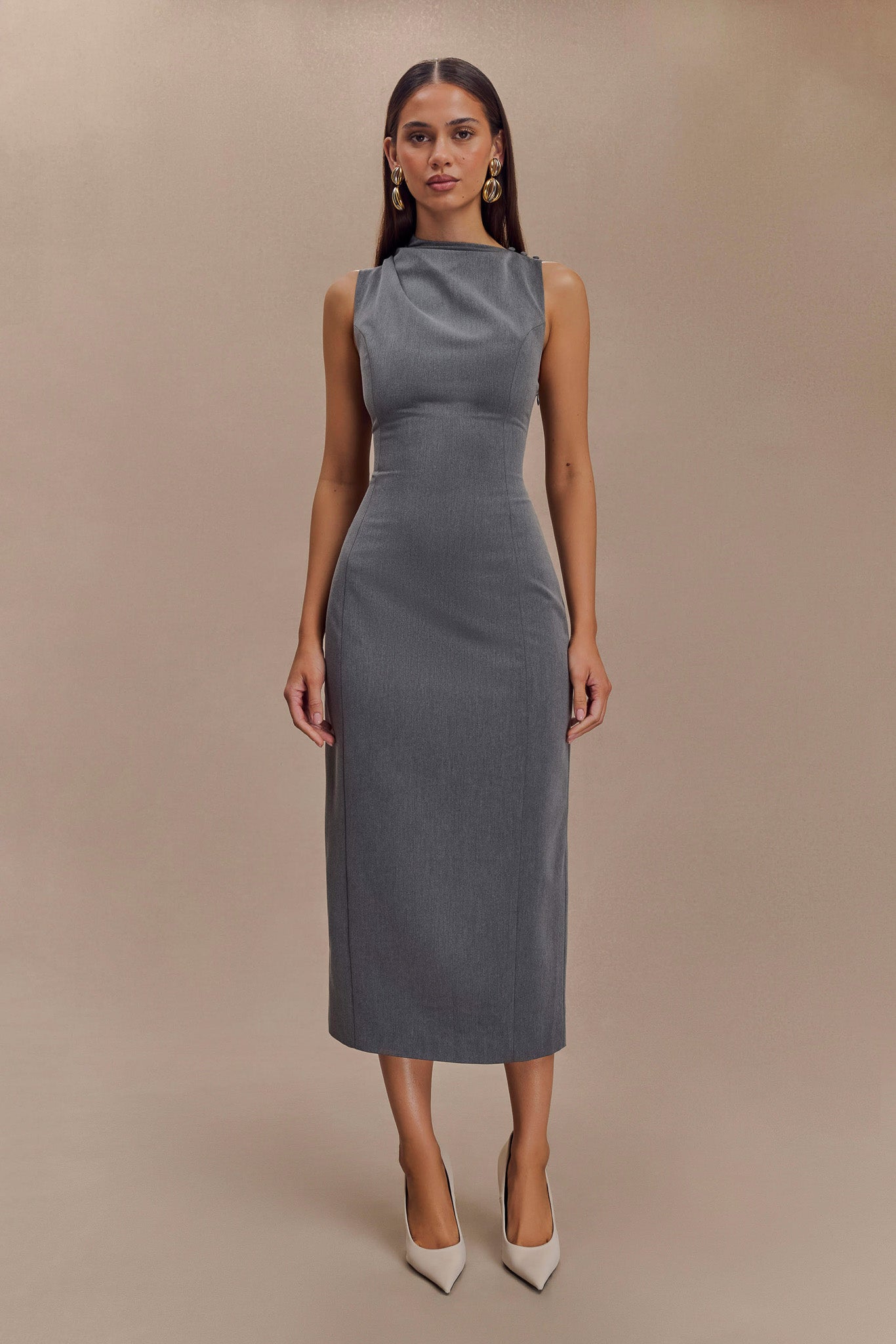 Taylor Drapeli Krep Midi Elbise - Kömür Marle