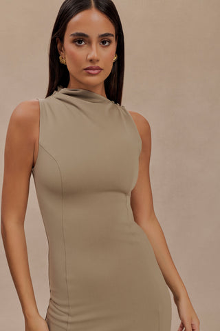 Taylor Drapeli Streç Krep Midi Elbise - Mantar
