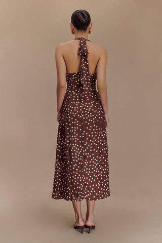 Marguerite Saten Boyundan Bağlamalı Midi Elbise - Kahverengi Puantiyeli Baskı