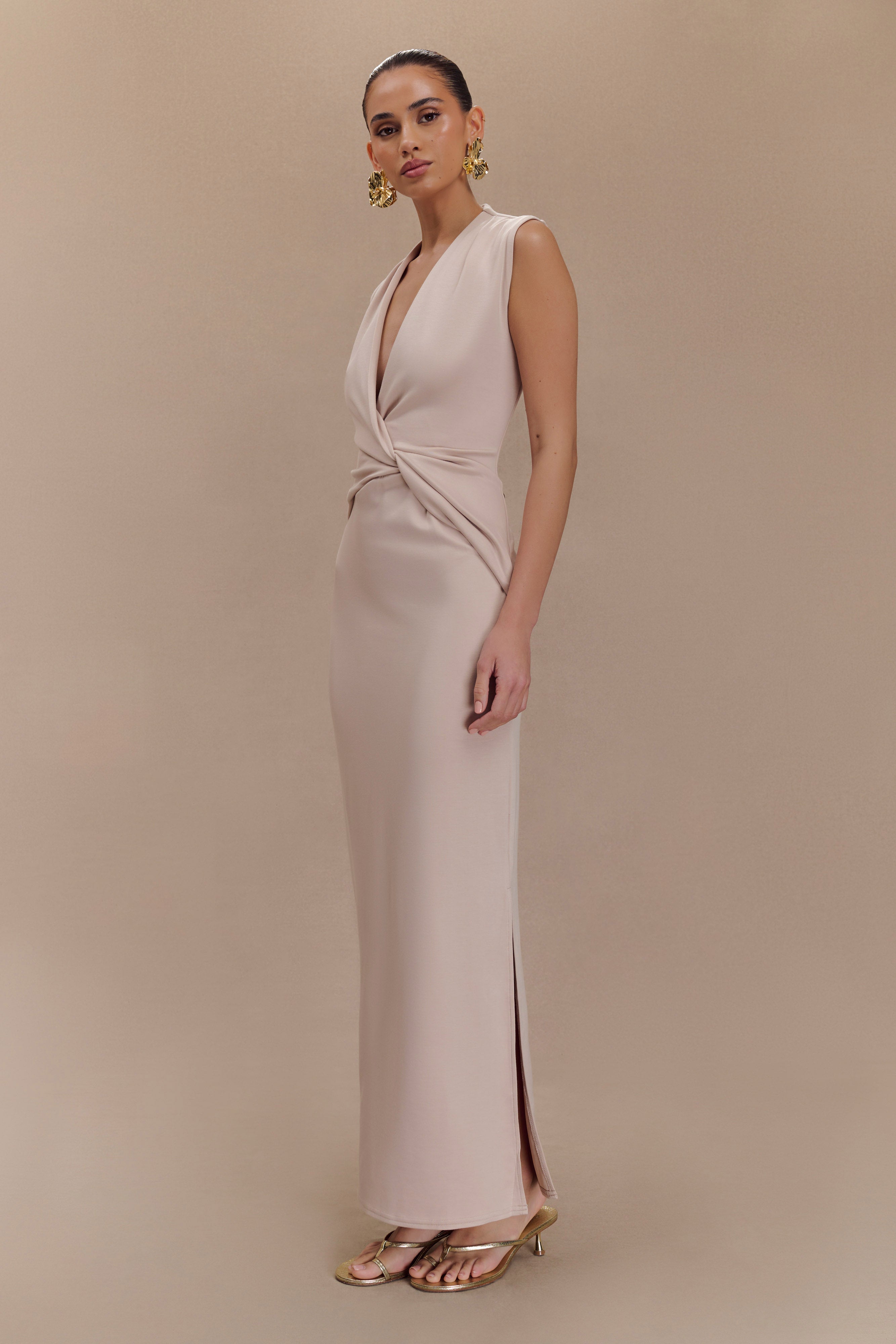 Lorelei Krep Twist Midi Elbise - Taupe