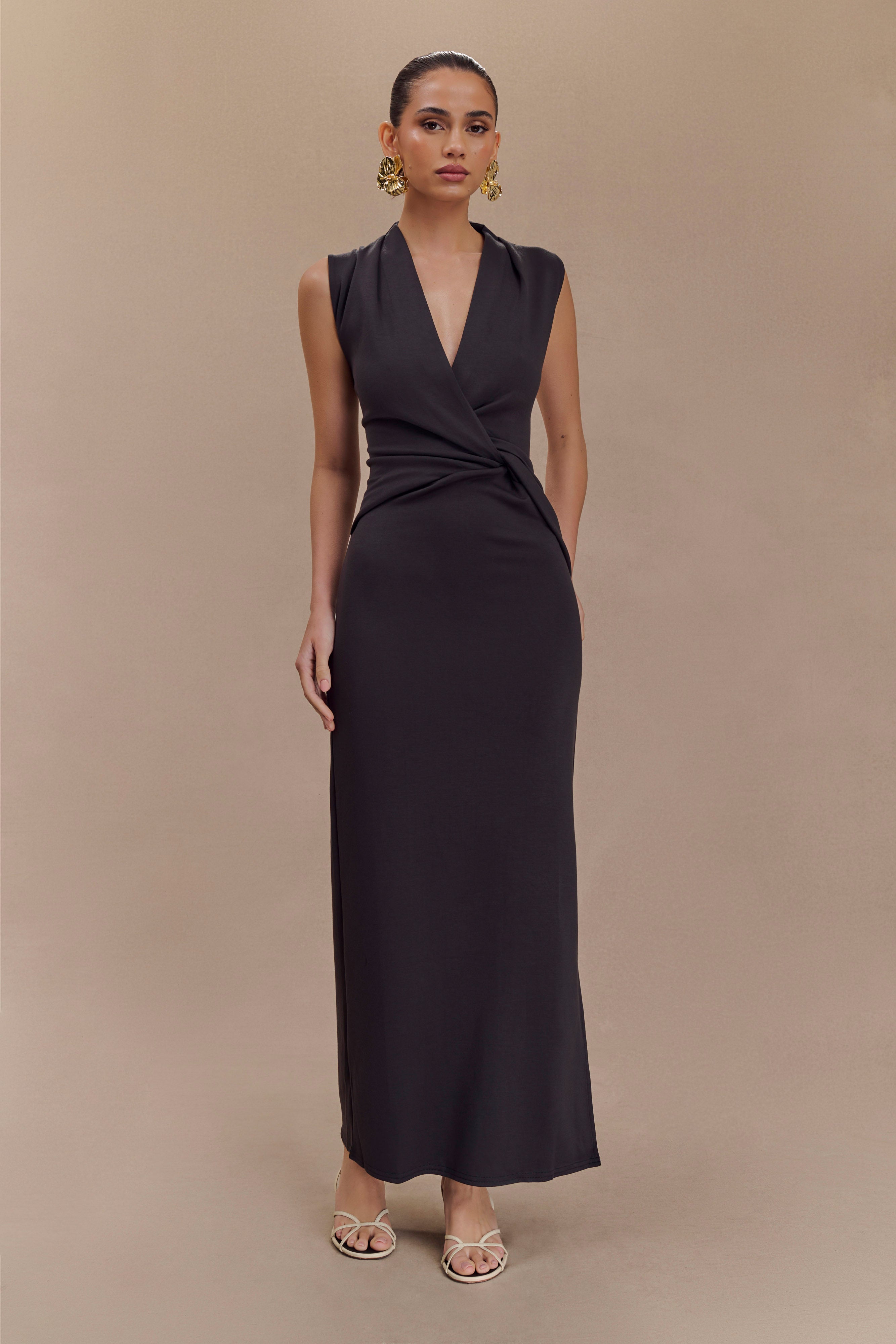 Lorelei Krep Twist Midi Elbise - Koyu Kömür