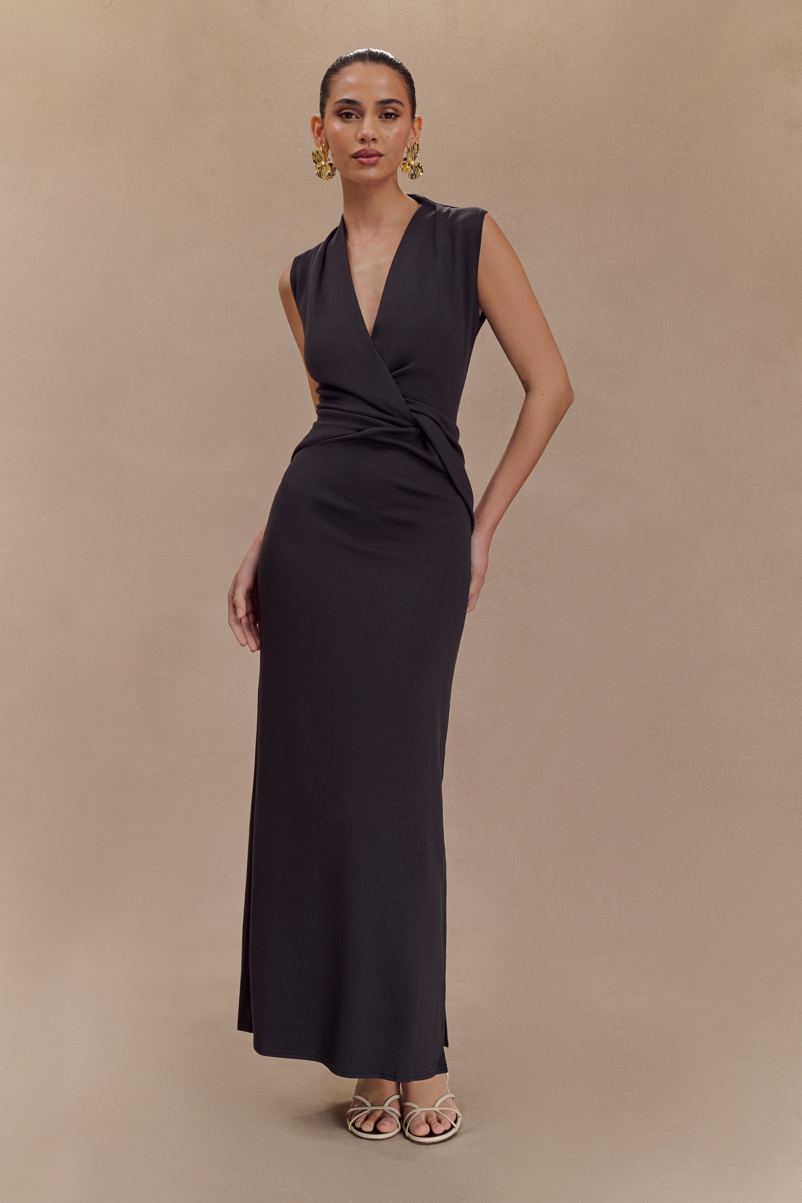 Lorelei Krep Twist Midi Elbise - Koyu Kömür