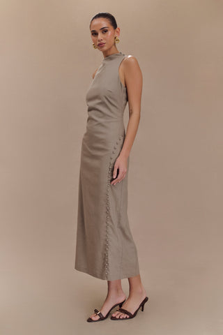 Bronte Keten Düğmeli Midi Elbise - Çakıl Taşı