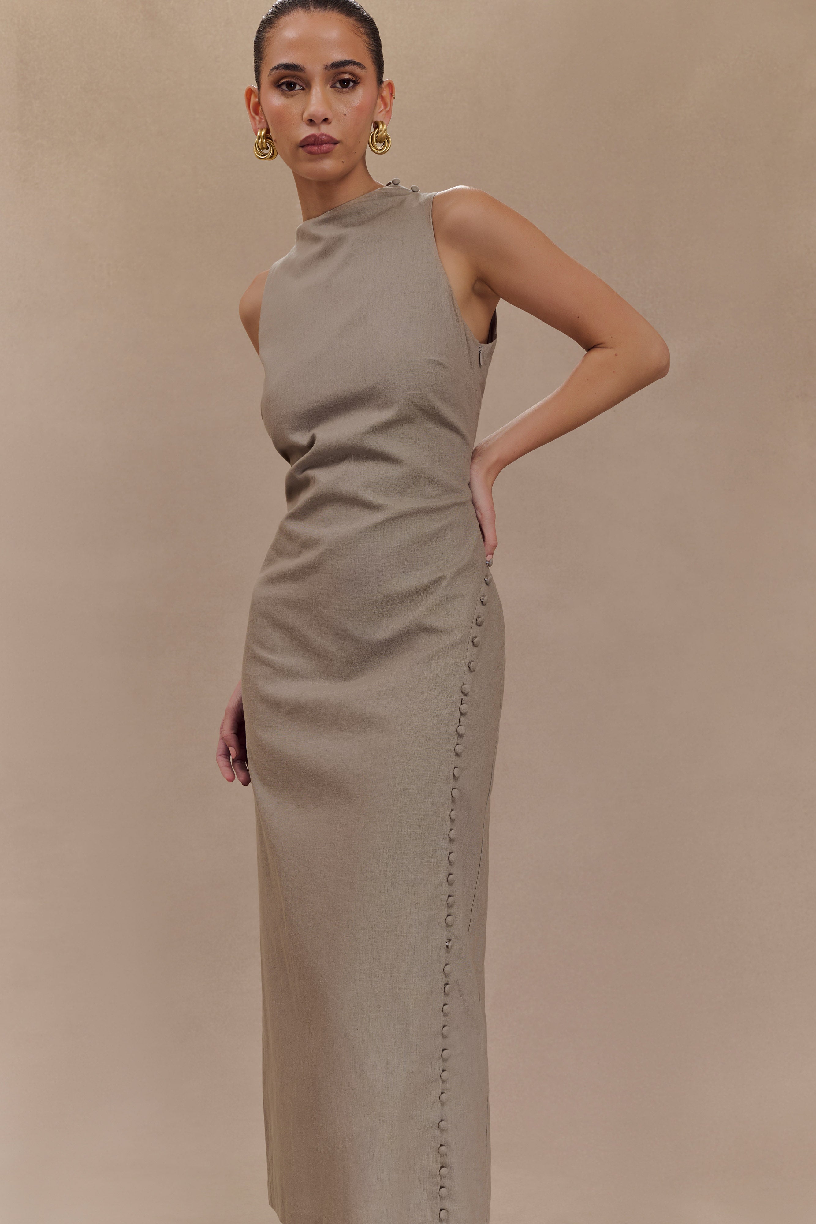 Bronte Keten Düğmeli Midi Elbise - Çakıl Taşı