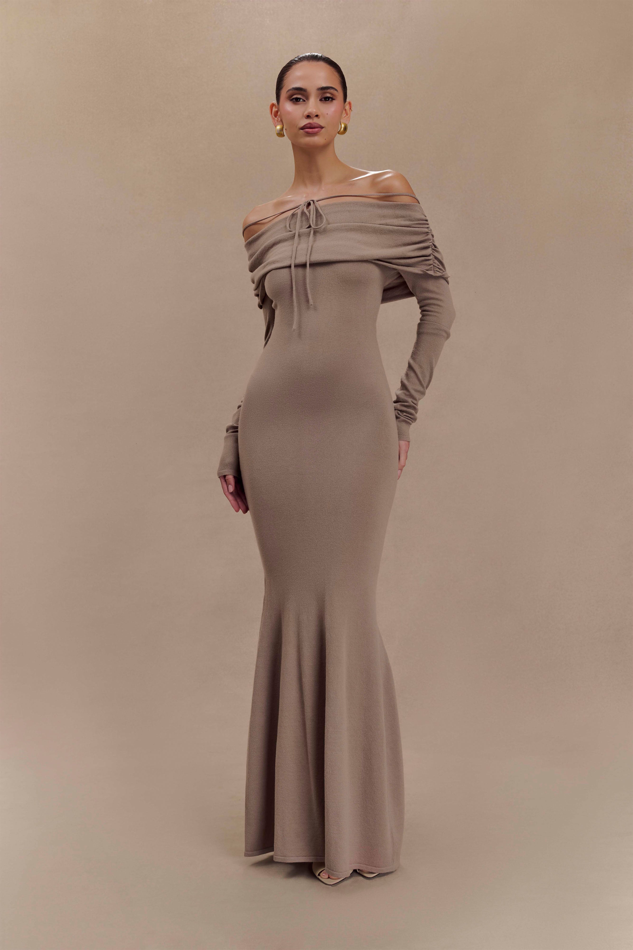 Georgiana Düşük Omuzlu Triko Midi Elbise - Stone Marle