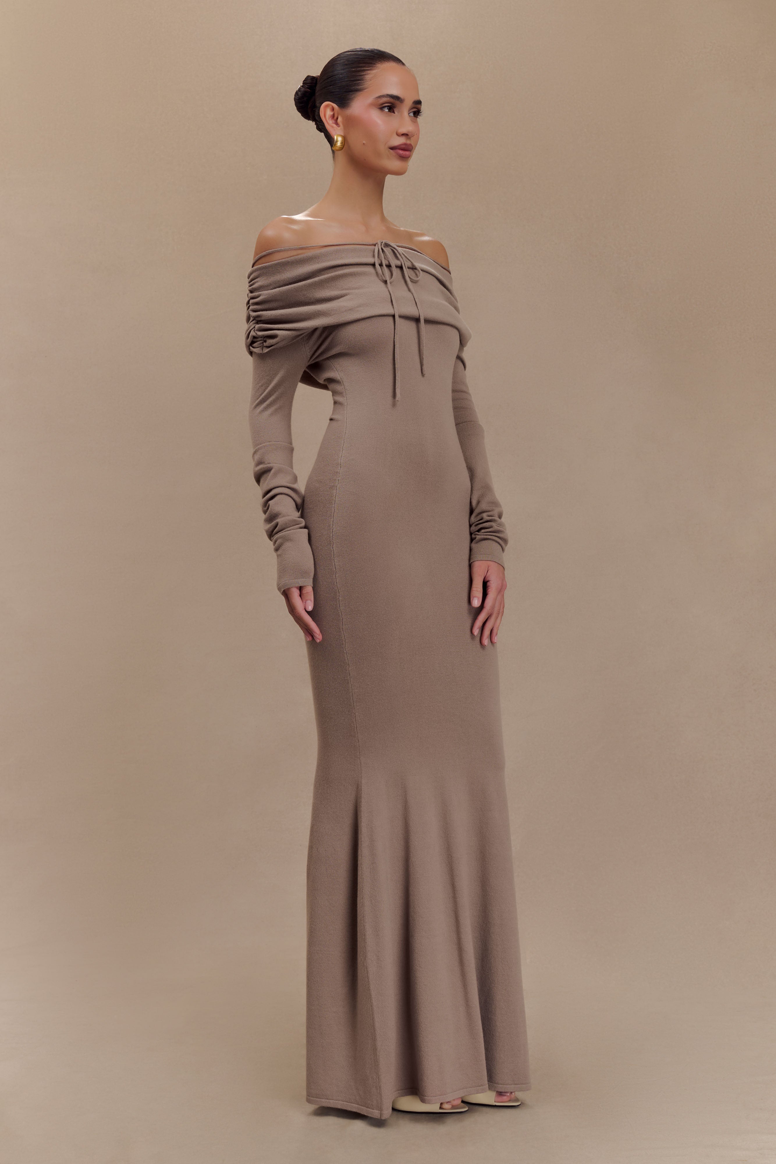 Georgiana Düşük Omuzlu Triko Midi Elbise - Stone Marle