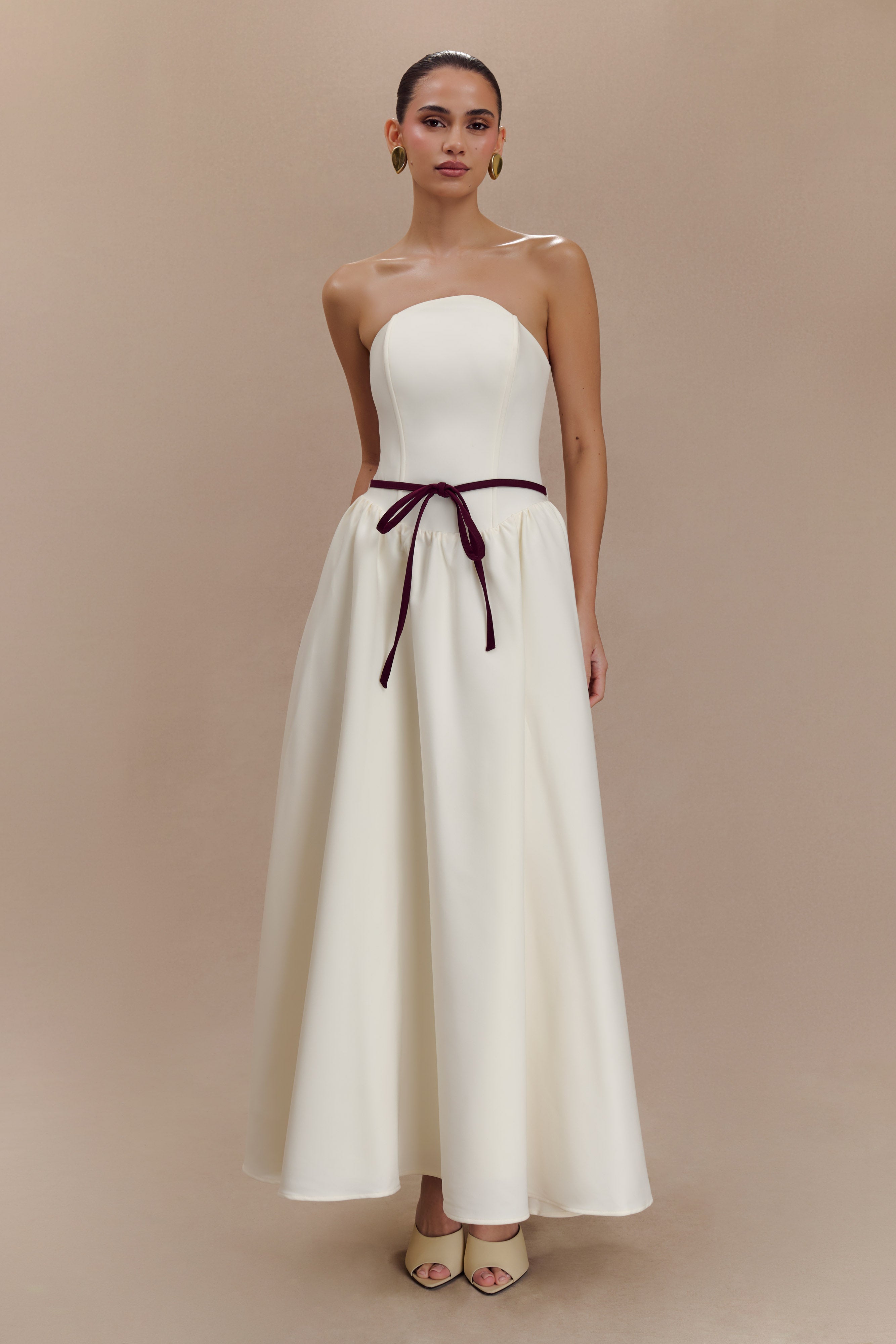 Penny Straplez Kontrast Midi Elbise - Fildişi Ve Bordo