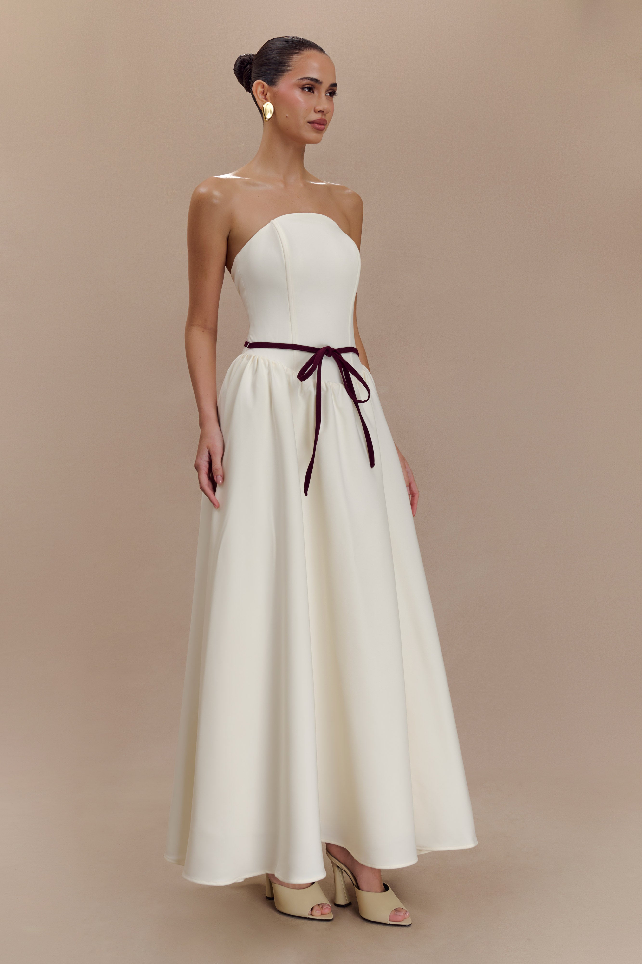 Penny Straplez Kontrast Midi Elbise - Fildişi Ve Bordo