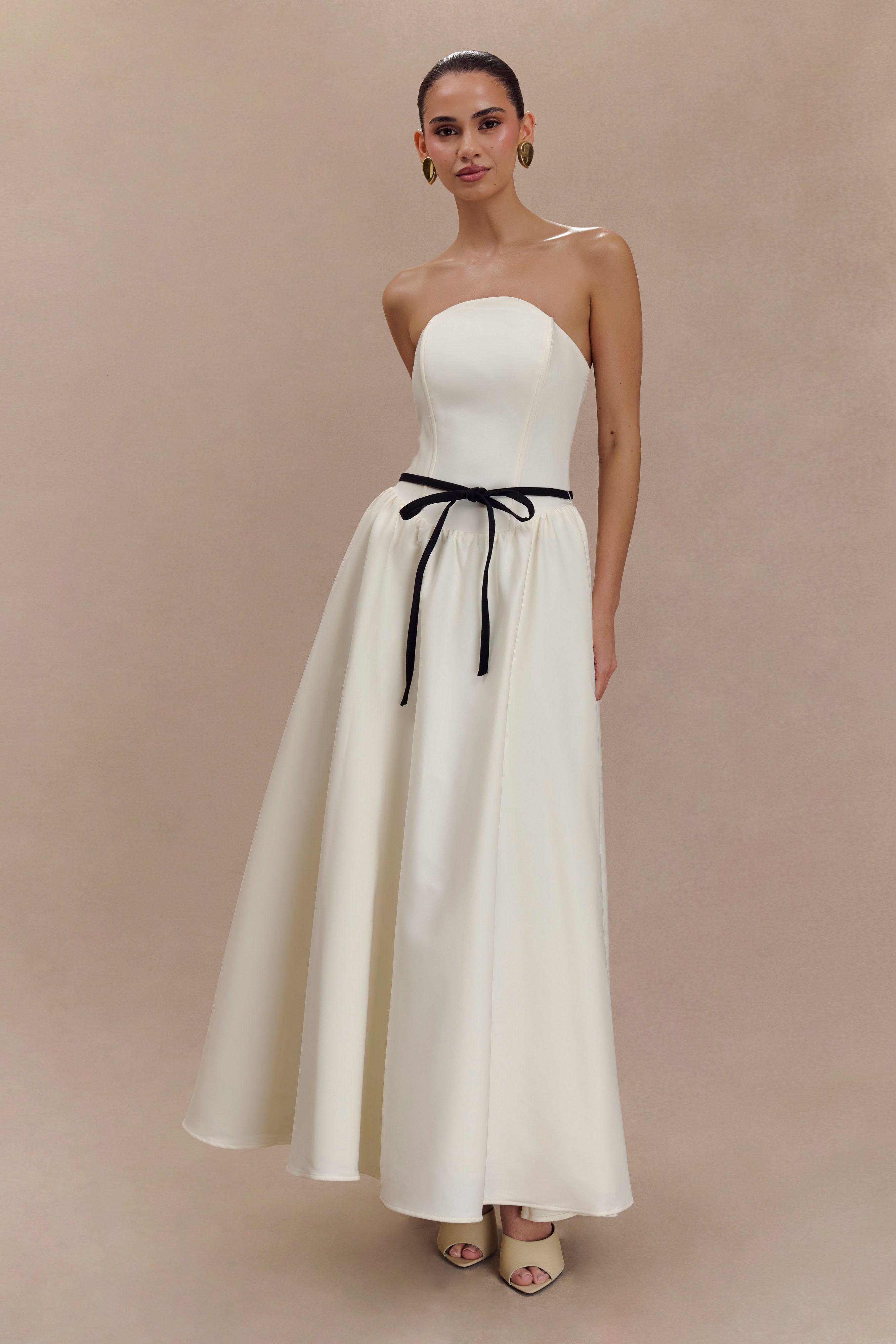 Penny Straplez Kontrast Midi Elbise - Fildişi Ve Bordo