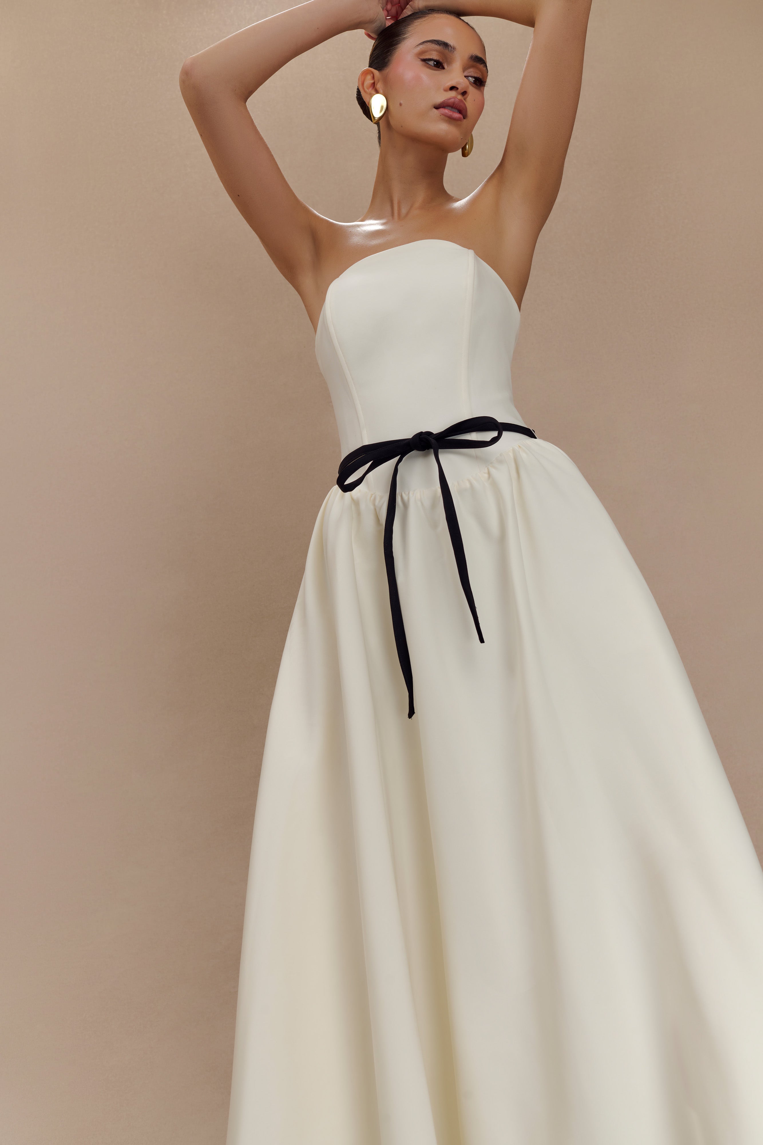 Penny Straplez Kontrast Midi Elbise - Fildişi Ve Bordo