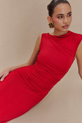 Navanna Asimetrik Dar Midi Elbise - Kırmızı