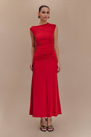 Navanna Asimetrik Dar Midi Elbise - Kırmızı