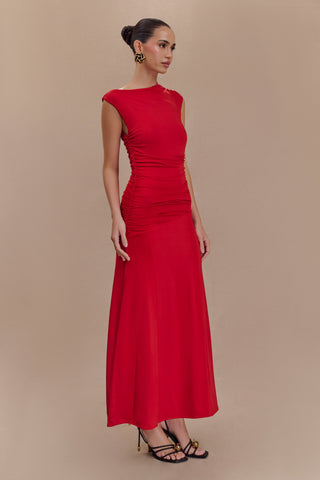 Navanna Asimetrik Dar Midi Elbise - Kırmızı
