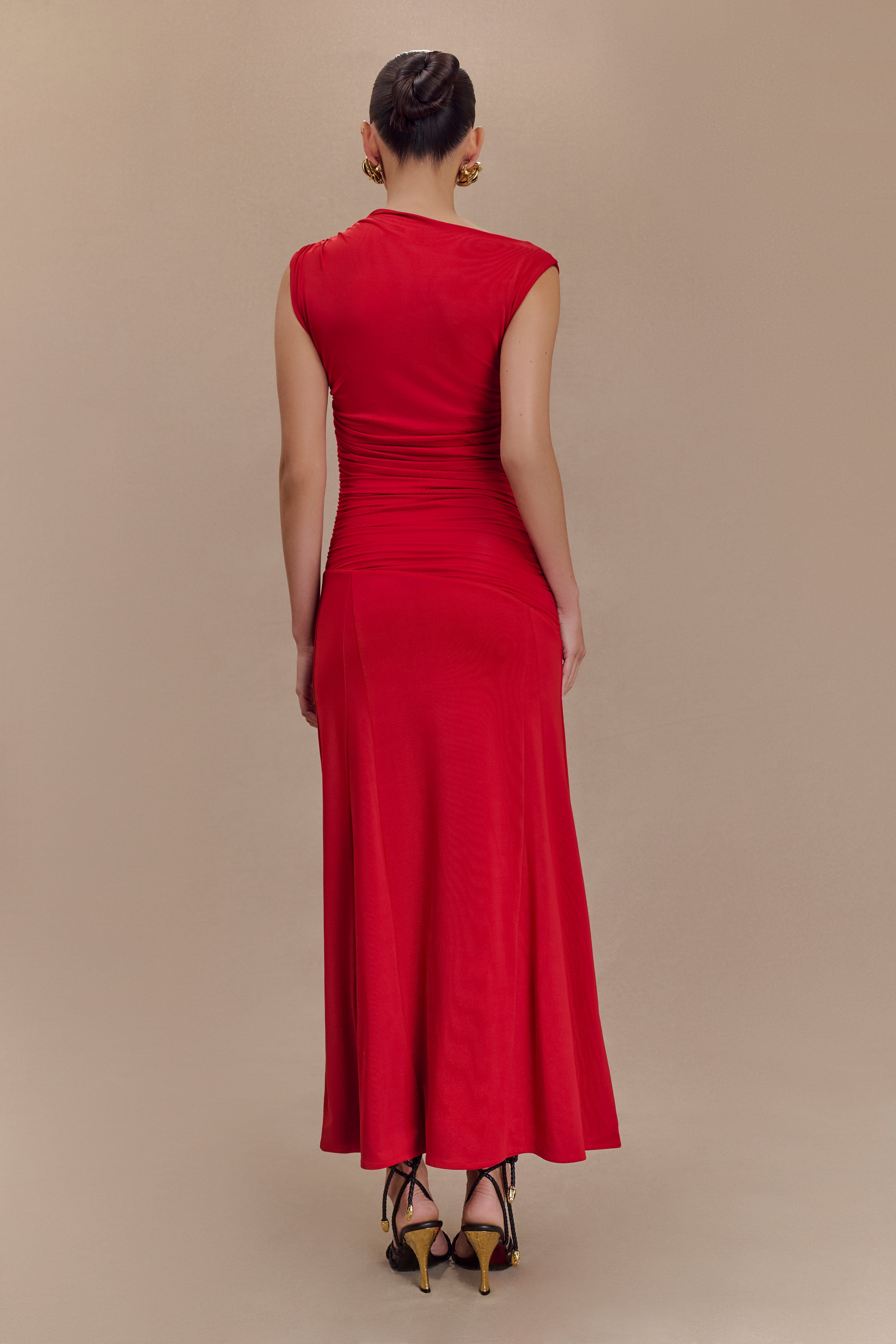 Navanna Asimetrik Dar Midi Elbise - Kırmızı