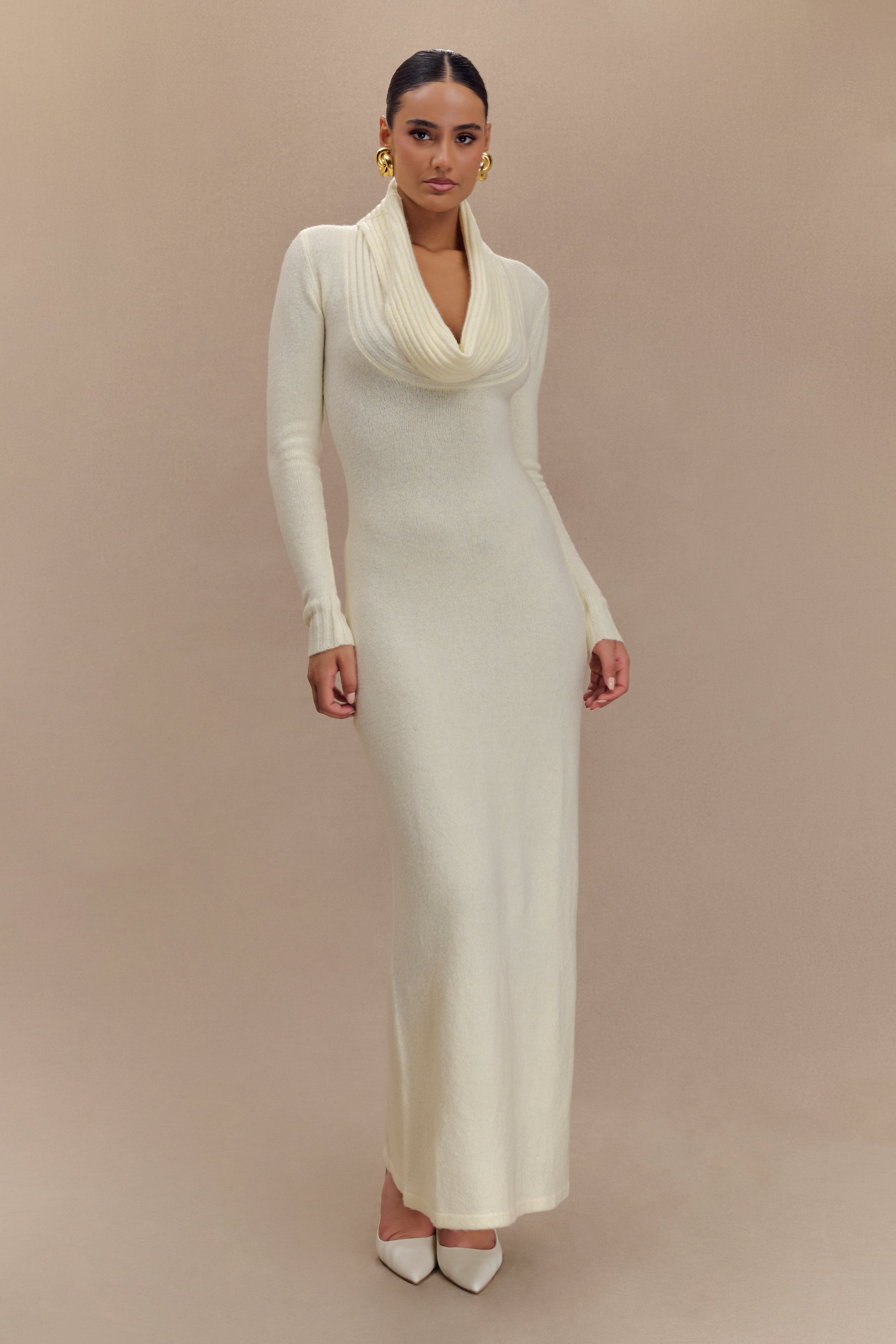 Alessandra Çift Taraflı Örgü Maxi Elbise - Fildişi Marle