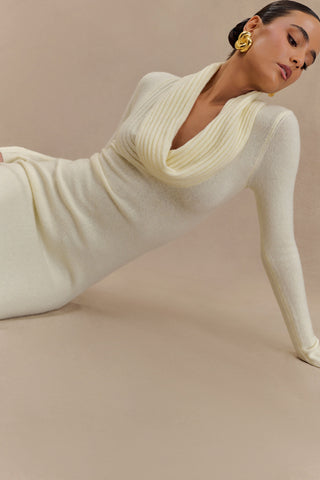 Alessandra Çift Taraflı Örgü Maxi Elbise - Fildişi Marle