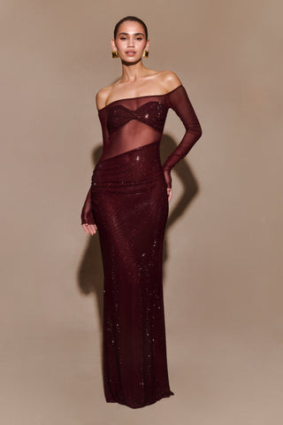 Nash Diamante Düşük Omuz Uzun Elbise - Maun