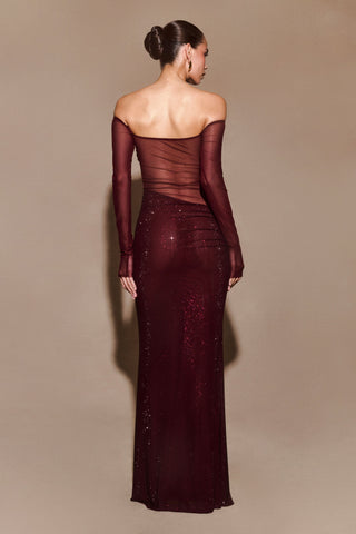 Nash Diamante Düşük Omuz Uzun Elbise - Maun