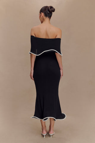 Molly Düşük Omuzlu Triko Midi Elbise - Siyah/Beyaz
