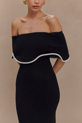 Molly Düşük Omuzlu Triko Midi Elbise - Siyah/Beyaz