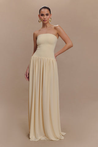Lyanna Örgü Şifon Straplez Uzun Elbise - Krem