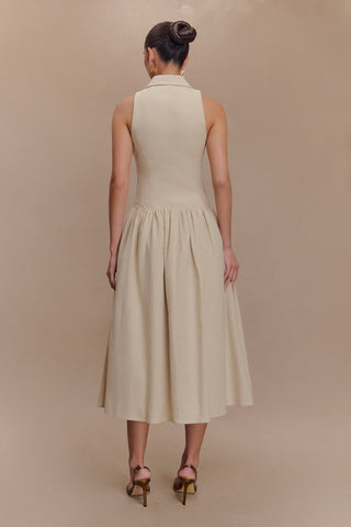 Valery Keten Midi Yaka Elbise - Naturel