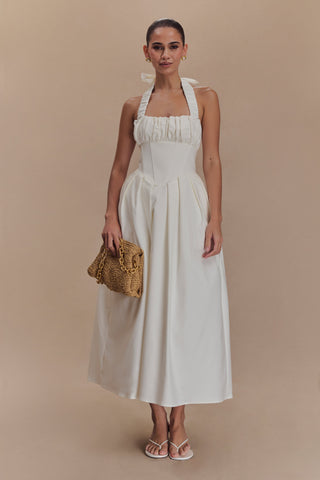 Şeker Boyundan Bağlamalı Midi Elbise - Beyaz
