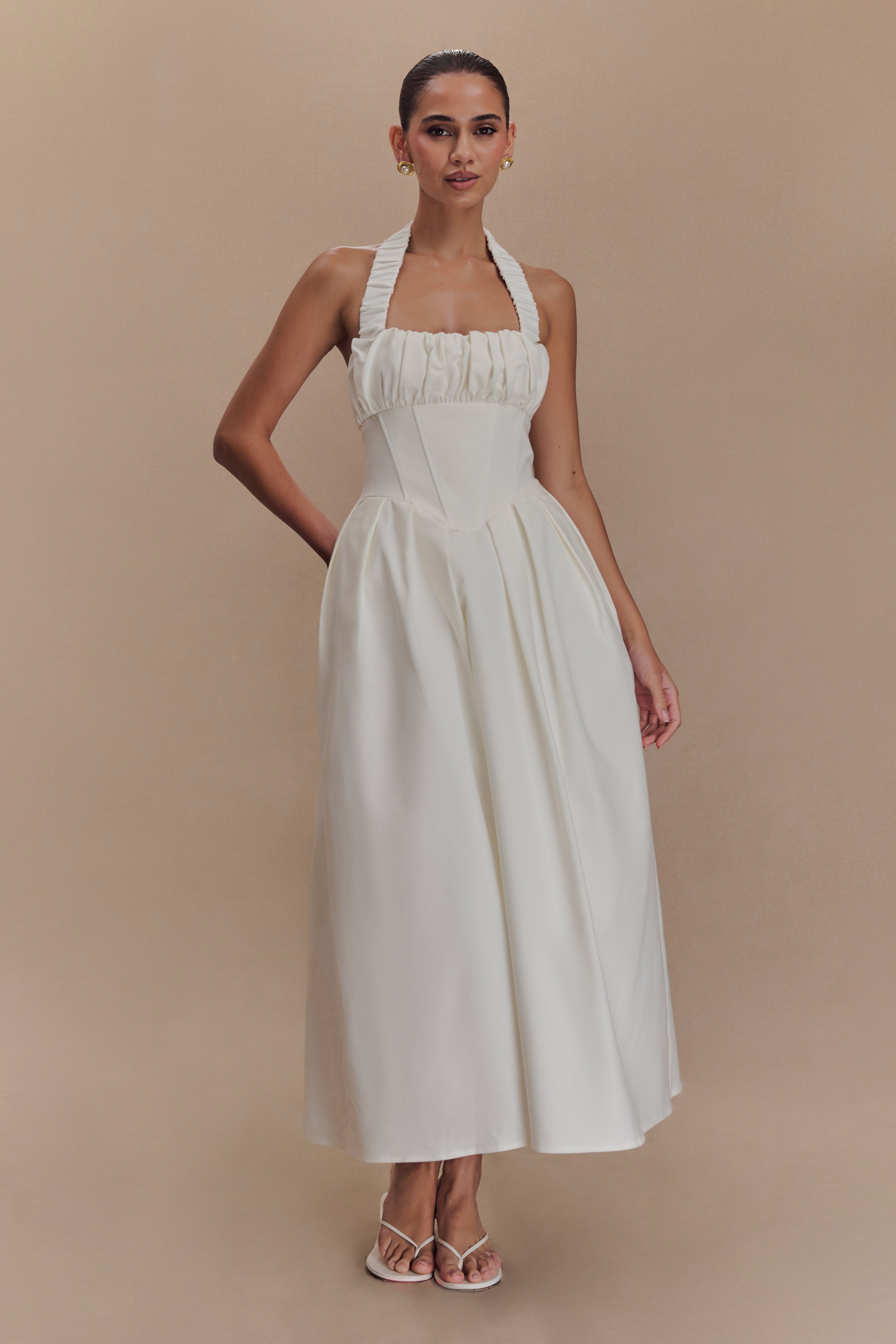 Şeker Boyundan Bağlamalı Midi Elbise - Beyaz