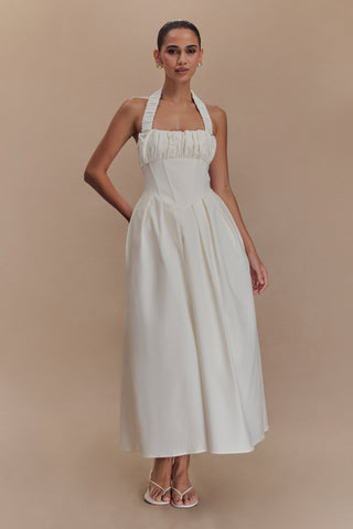 Şeker Boyundan Bağlamalı Midi Elbise - Beyaz