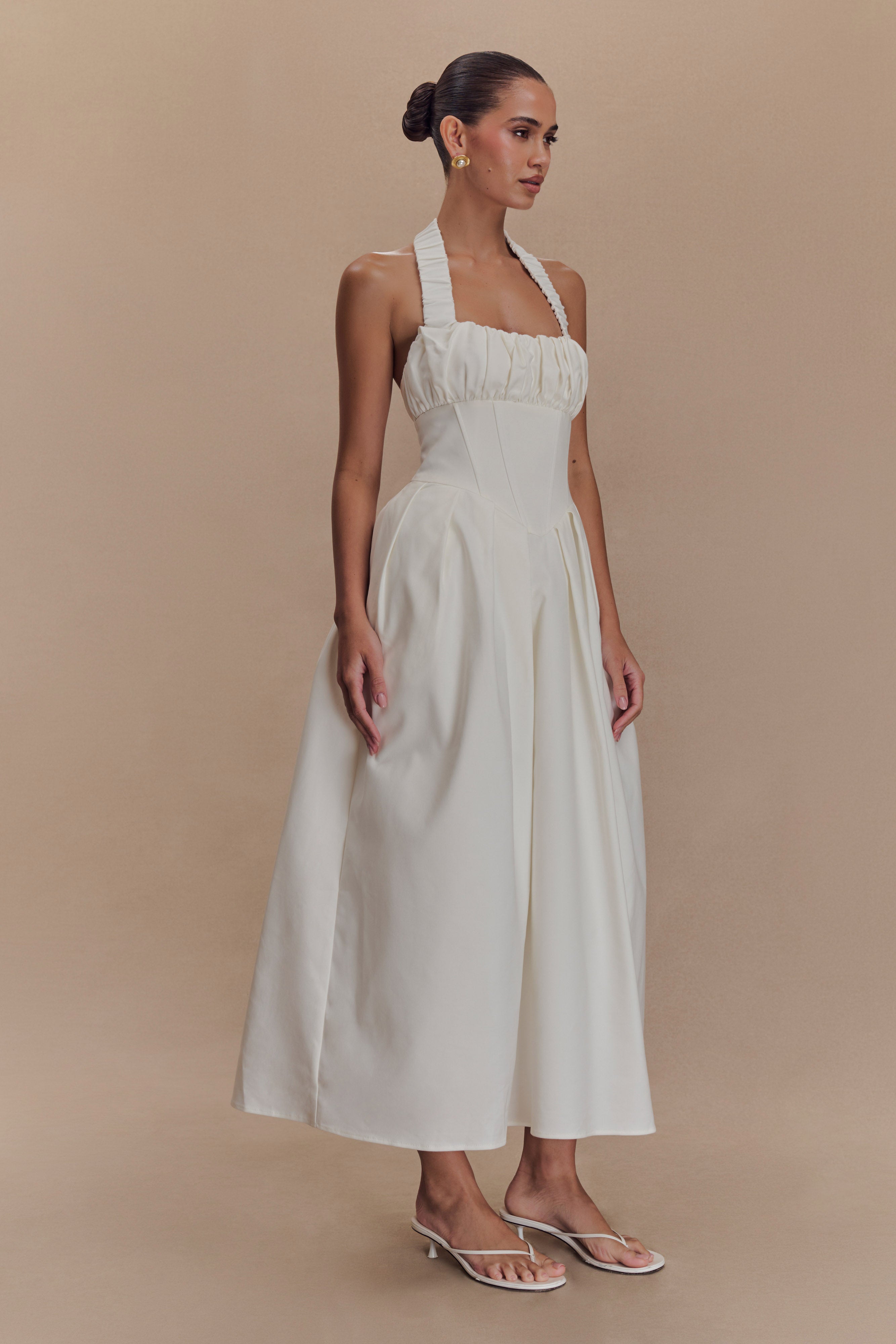 Şeker Boyundan Bağlamalı Midi Elbise - Beyaz