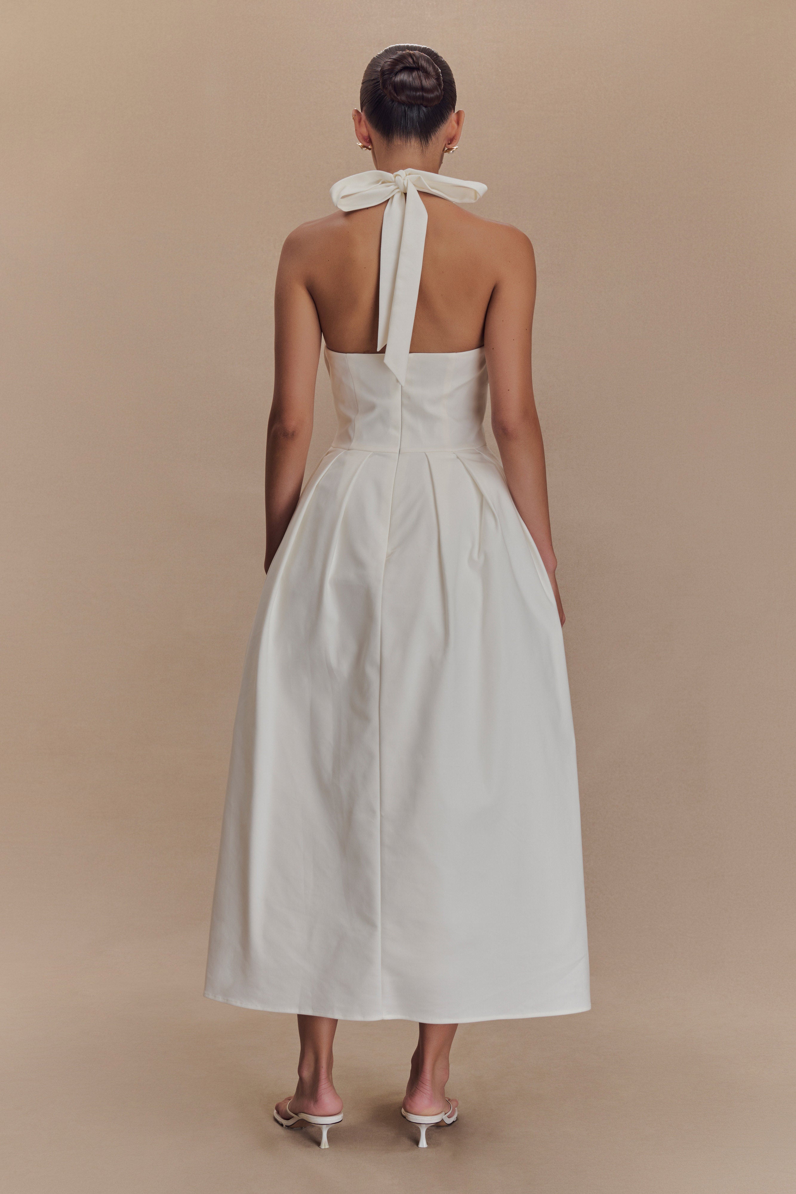 Şeker Boyundan Bağlamalı Midi Elbise - Beyaz