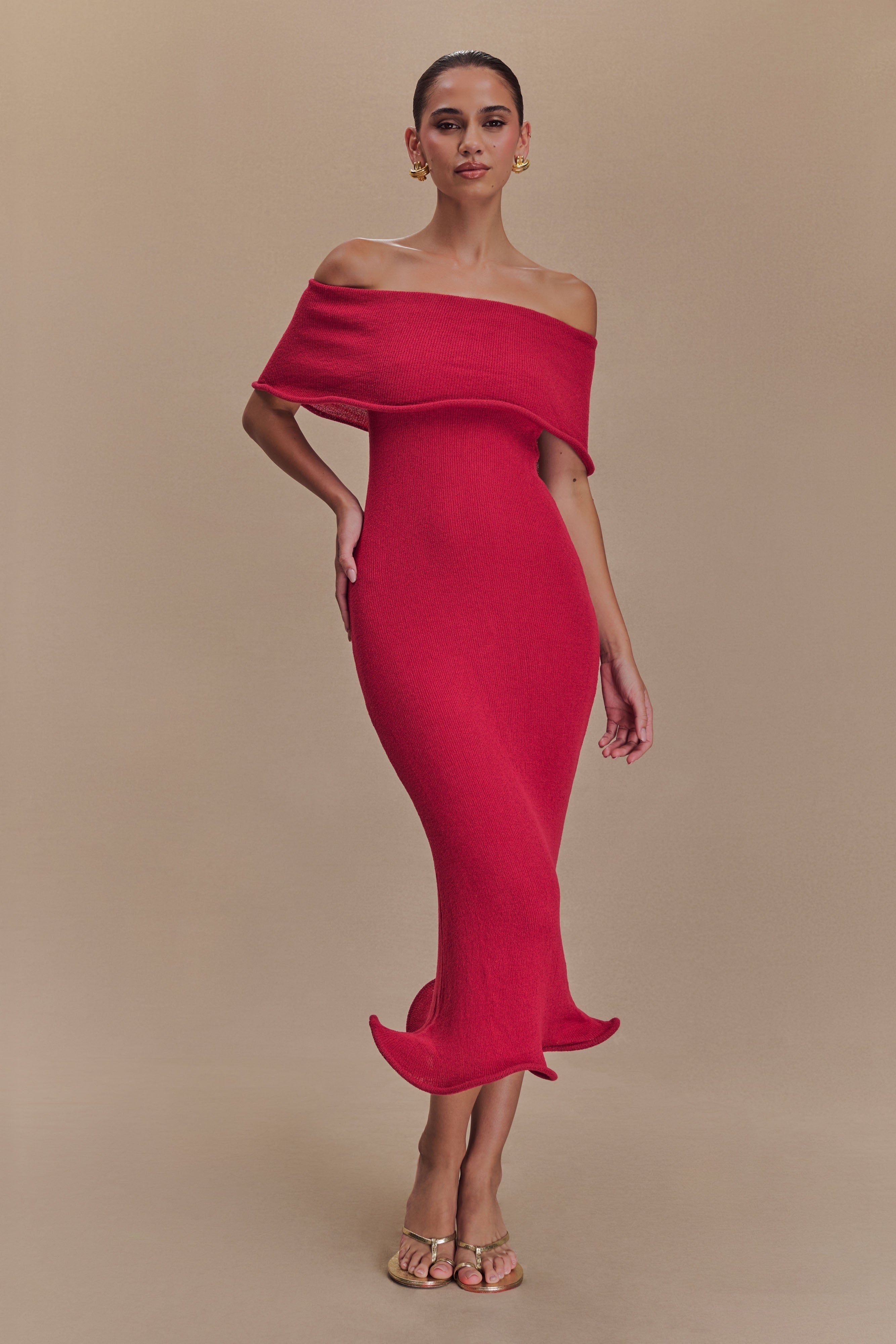 Molly Düşük Omuzlu Triko Midi Elbise - Ahududu