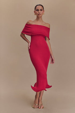 Molly Düşük Omuzlu Triko Midi Elbise - Ahududu