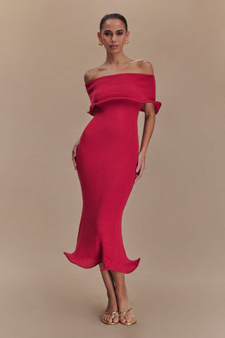 Molly Düşük Omuzlu Triko Midi Elbise - Ahududu