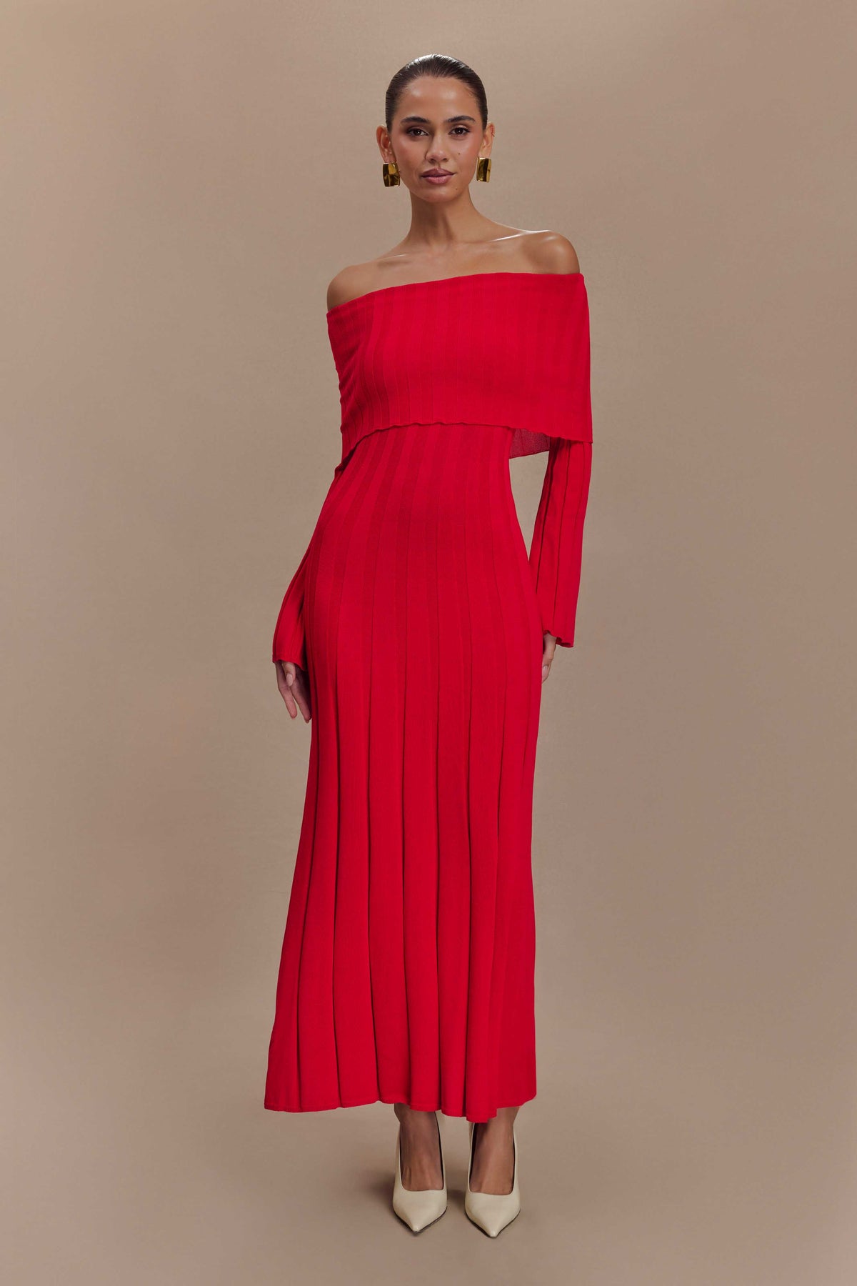 Alonza Uzun Kol Triko Midi Elbise - Kırmızı