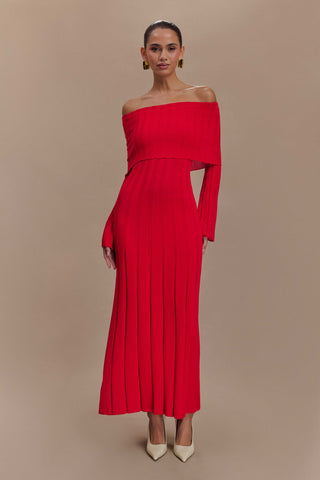 Alonza Uzun Kol Triko Midi Elbise - Kırmızı