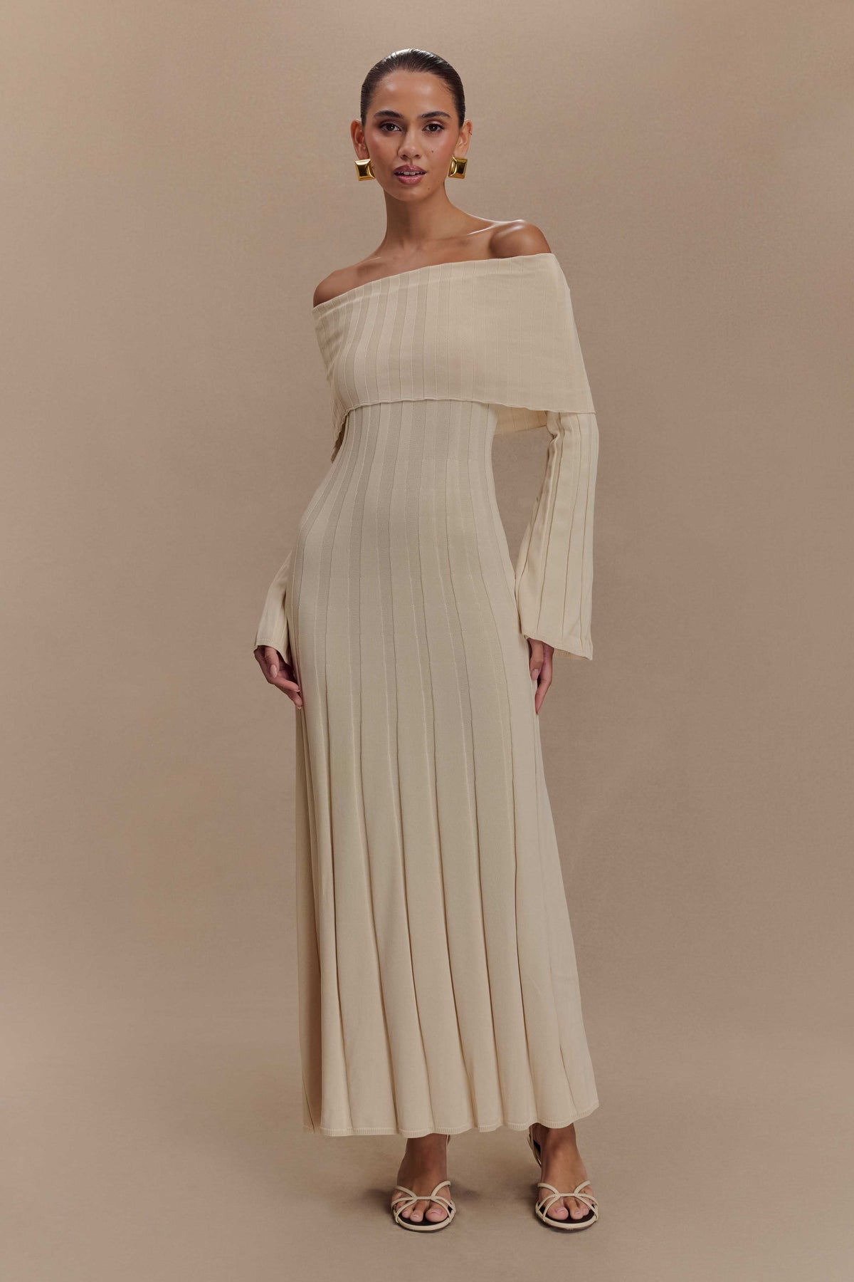 Alonza Uzun Kol Triko Midi Elbise - Krem